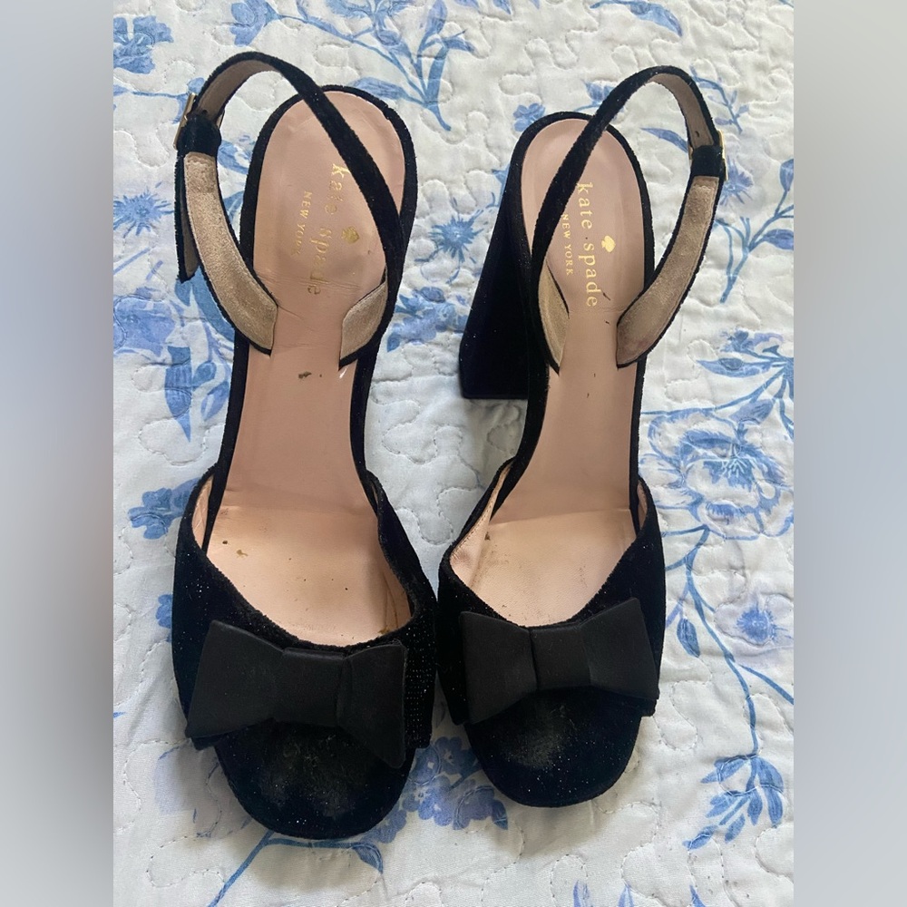 kate spade Black Velvet Bow Block Heel Sandals